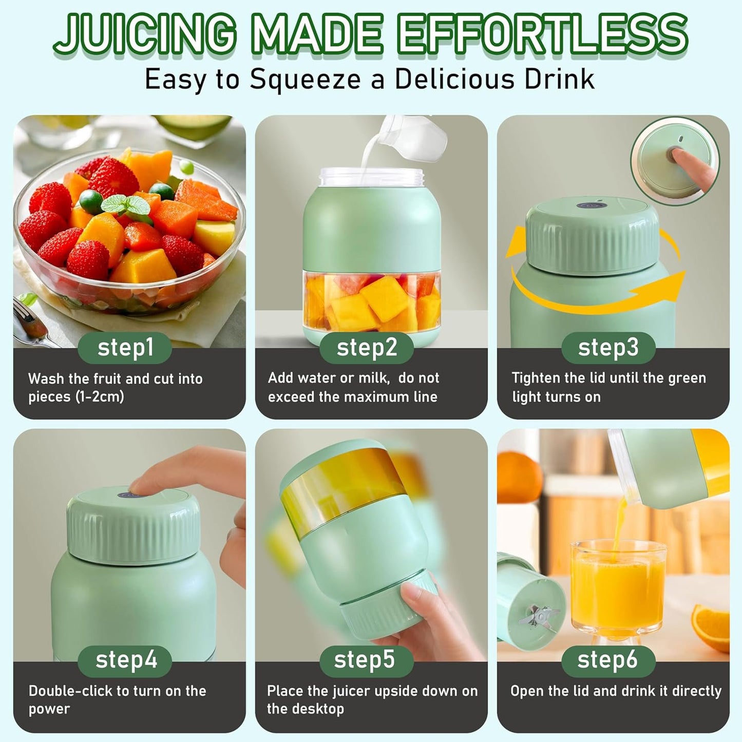 BPA-Free Electric Citrus Juicer 17 oz, Straw, Two Lids, Portable Blender for Smoothies, Shakes