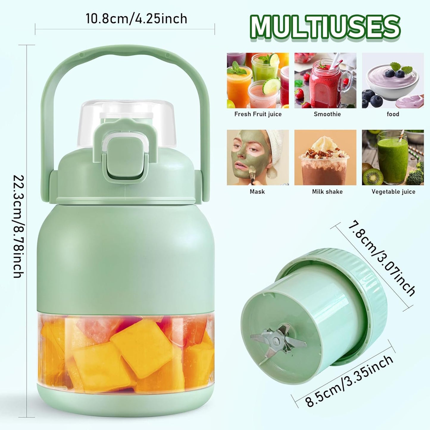 BPA-Free Electric Citrus Juicer 17 oz, Straw, Two Lids, Portable Blender for Smoothies, Shakes