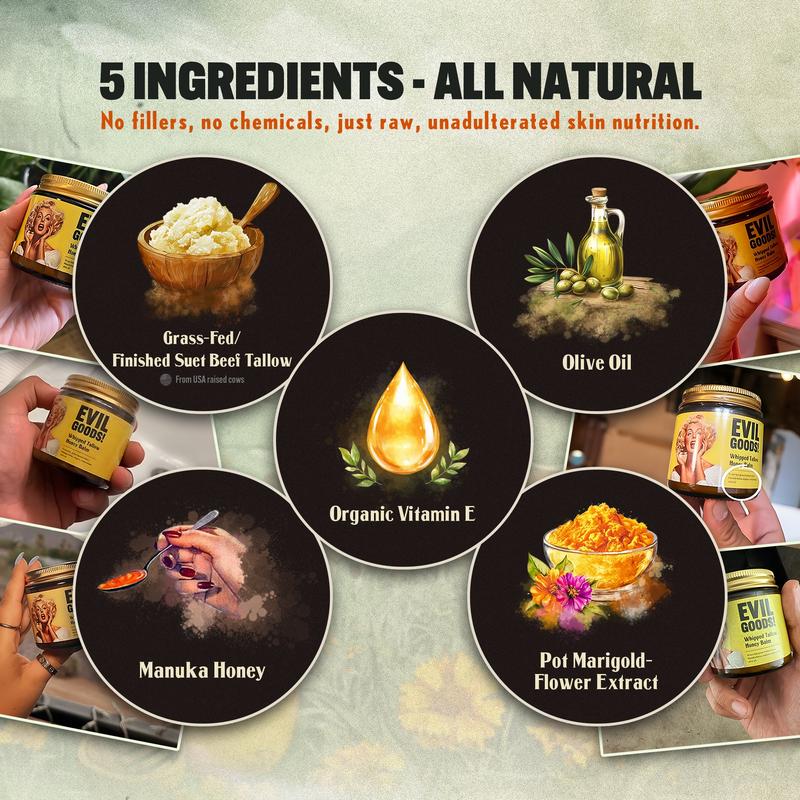 Whipped Beef Tallow & Manuka Honey Organic Nourishing Face Cream Moisturizer Body Lotion Skin Care Lip Balm Hydrating Moisturizing 100% Natural Ingredients - Oil